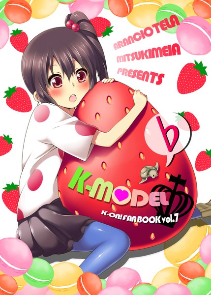 Anime picture 1500x2096 with k-on! kyoto animation nakano azusa mitsuki meia tall image blush open mouth black hair red eyes girl skirt miniskirt food berry (berries) strawberry