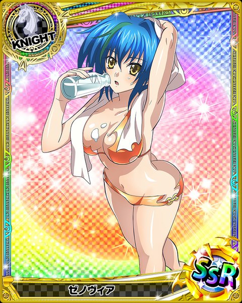 Anime picture 640x800 with highschool dxd xenovia quarta single tall image looking at viewer short hair open mouth light erotic yellow eyes blue hair multicolored hair two-tone hair streaked hair torn clothes card (medium) girl swimsuit bikini towel milk