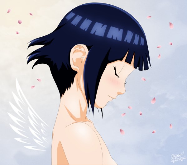 Anime picture 2823x2500 with naruto studio pierrot naruto (series) hyuuga hinata shugo19 single highres short hair light erotic signed payot blue hair upper body eyes closed profile light smile angel wings girl petals wings