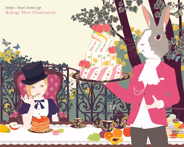 Anime picture 1280x1024 with alice in wonderland katogi mari blonde hair flower (flowers) plant (plants) hat tree (trees) sweets insect butterfly chair fruit cup cake bunny