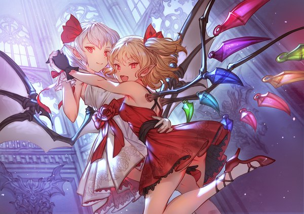 Anime picture 2000x1414 with touhou flandre scarlet remilia scarlet makai no juumin looking at viewer fringe highres short hair breasts open mouth light erotic blonde hair smile hair between eyes red eyes bare shoulders multiple girls silver hair bent knee (knees) indoors