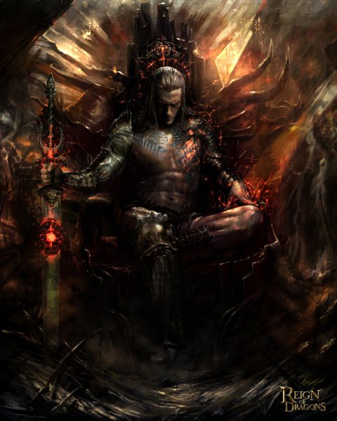 Anime picture 1024x1280 with reign of dragons thebastardson (artist) single long hair tall image sitting grey hair looking down dark background scar boy navel weapon sword boots armor fire throne