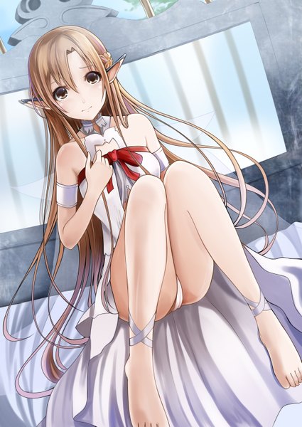 Anime picture 2150x3035 with sword art online a-1 pictures yuuki asuna titania (alo) kentaurosu single long hair tall image looking at viewer highres light erotic brown hair bare shoulders brown eyes barefoot pointy ears legs pantyshot sitting elf girl
