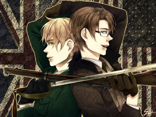 Anime picture 1500x1125 with axis powers hetalia studio deen miyako matsu sei looking at viewer short hair open mouth blue eyes blonde hair brown hair green eyes signed profile multiple boys shounen ai back to back flag print boy gloves weapon sword
