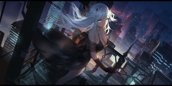 Anime picture 2976x1488 with choujigen game neptune black heart swd3e2 single long hair looking at viewer highres breasts light erotic wide image standing payot cleavage silver hair aqua eyes from above wind city evening letterboxed
