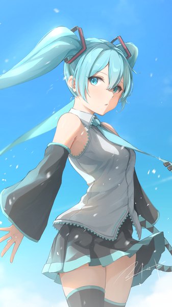 Anime picture 720x1280 with vocaloid hatsune miku serike w single long hair tall image looking at viewer fringe hair between eyes standing twintails sky pleated skirt aqua eyes wind aqua hair girl thighhighs skirt black thighhighs