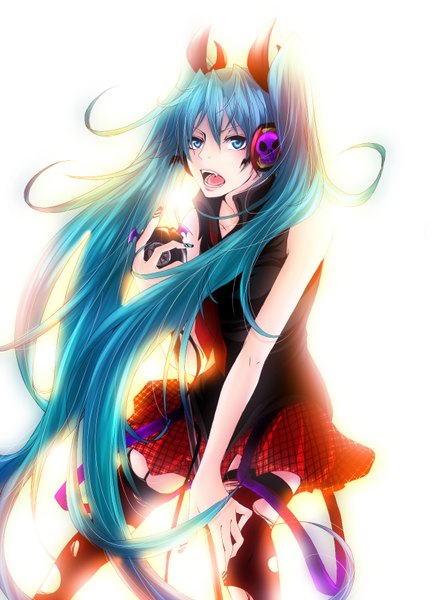 Anime picture 1200x1618 with vocaloid hatsune miku tall image open mouth blue eyes white background twintails blue hair very long hair girl thighhighs skirt headphones skull torn thighhighs