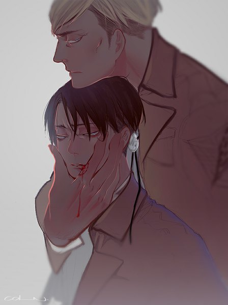 Anime picture 800x1071 with shingeki no kyojin production i.g levi (rivaille) erwin smith coln tall image looking at viewer short hair blue eyes black hair blonde hair signed grey background multiple boys hug hand on face hug from behind boy jacket blood