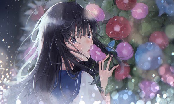 Anime picture 1666x1000 with original necojishi single long hair looking at viewer blush fringe black hair hair between eyes wide image upper body parted lips looking back wind wet grey eyes depth of field tears lens flare turning head