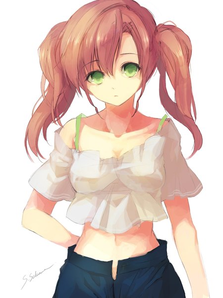 Anime picture 1560x2080 with original sakuma shiki single long hair tall image looking at viewer highres breasts simple background white background twintails green eyes pink hair hand on hip girl navel