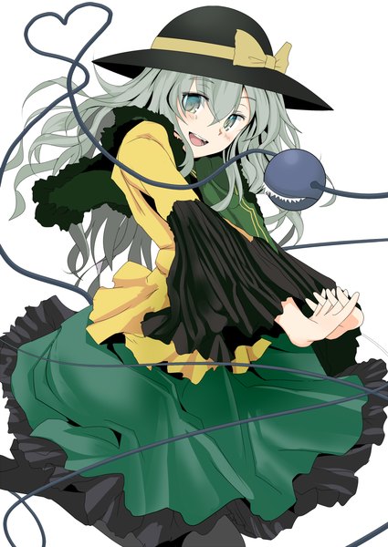 Anime picture 960x1355 with touhou komeiji koishi ishikkoro single long hair tall image looking at viewer blush open mouth simple background white background grey hair grey eyes wavy hair alternate hairstyle alternate hair length heart of string girl hat heart