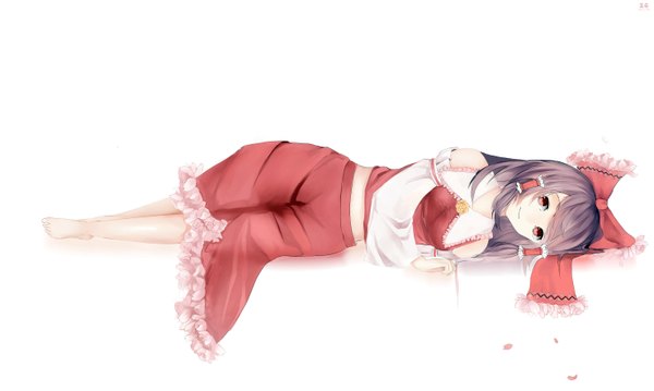Anime picture 2952x1771 with touhou hakurei reimu mimi tsukue (artist) single long hair looking at viewer highres red eyes wide image white background bare shoulders lying light smile girl dress skirt bow hair bow detached sleeves skirt set