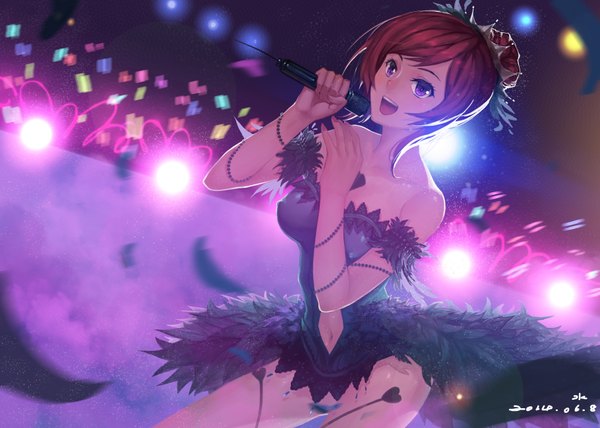 Anime picture 3639x2600 with love live! school idol project sunrise (studio) love live! nishikino maki shuizhanglang single highres short hair open mouth purple eyes bare shoulders signed absurdres red hair light singing girl dress hair ornament feather (feathers)