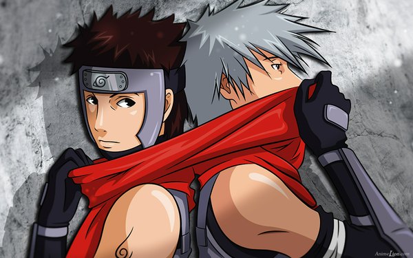 Anime picture 1920x1200 with naruto studio pierrot naruto (series) hatake kakashi yamato (naruto) looking at viewer highres short hair brown hair wide image looking away silver hair black eyes multiple boys back to back shared scarf boy gloves elbow gloves scarf