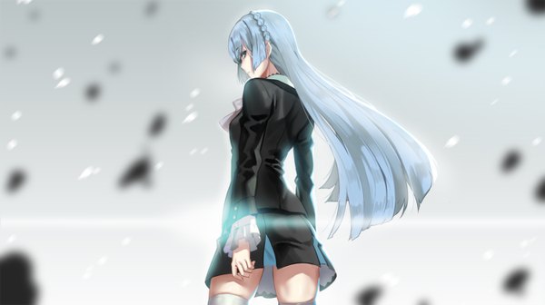 Anime picture 1500x840 with kiznaiver studio trigger sonozaki noriko deras single long hair looking at viewer blue eyes wide image payot blue hair profile looking back girl thighhighs dress white thighhighs
