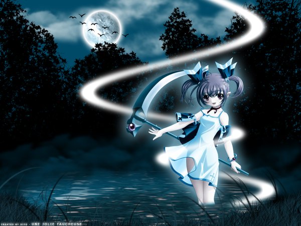 Anime picture 1600x1200 with yukirin highres standing twintails purple hair night wallpaper dress ribbon (ribbons) plant (plants) hair ribbon animal tree (trees) water bird (birds) moon scythe