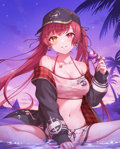 Anime picture 1164x1446 with virtual youtuber hololive houshou marine houshou marine (summer) mikami (mcm ncb) single long hair tall image looking at viewer light erotic sitting twintails sky red hair light smile heterochromia partially submerged official alternate costume evening sunset