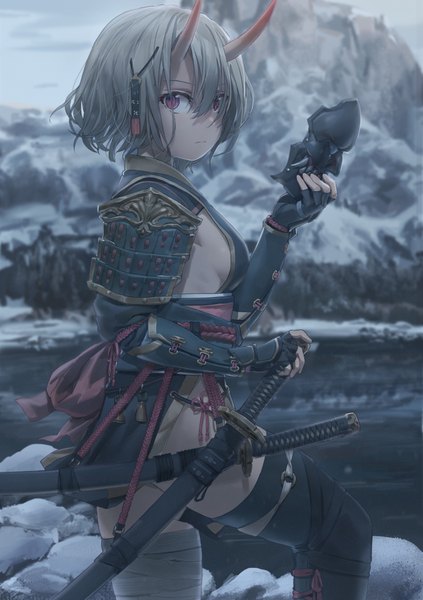 Anime picture 2889x4096 with original free style (yohan1754) single tall image looking at viewer fringe highres short hair breasts light erotic red eyes standing holding outdoors looking back horn (horns) grey hair blurry hair over one eye depth of field