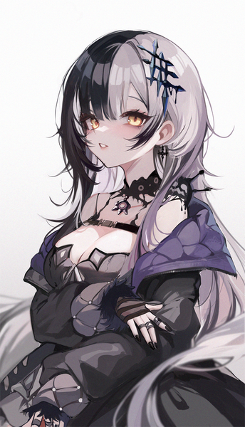 Anime-Bild 1000x1745 mit virtual youtuber hololive hololive english shiori novella shiori novella (1st costume) yorick (shiori novella) koahri single long hair tall image looking at viewer fringe breasts open mouth light erotic black hair simple background hair between eyes large breasts white background