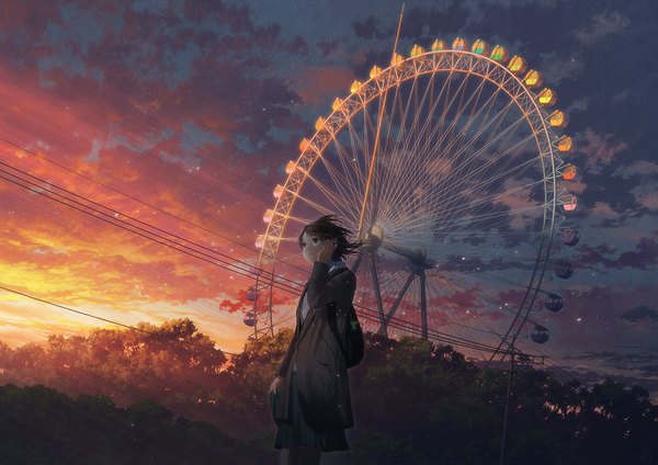 Anime picture 1286x909 with original mocha (cotton) single short hair black hair standing looking away sky cloud (clouds) outdoors long sleeves wind sunlight evening sunset scenic girl plant (plants) tree (trees) headphones