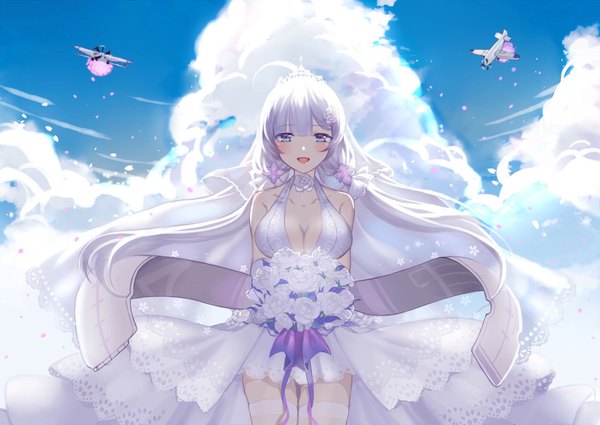 Anime picture 1748x1240 with azur lane illustrious (azur lane) illustrious (morning star of love and hope) (azur lane) ji yue single long hair looking at viewer blush fringe highres breasts open mouth blue eyes light erotic large breasts standing twintails bare shoulders holding cleavage