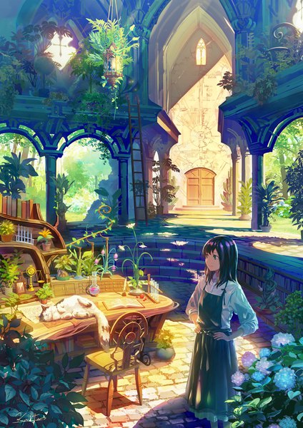 Anime picture 827x1169 with original kaitan single long hair tall image fringe smile standing green eyes signed looking away outdoors shadow hands on hips girl dress flower (flowers) plant (plants) animal shirt
