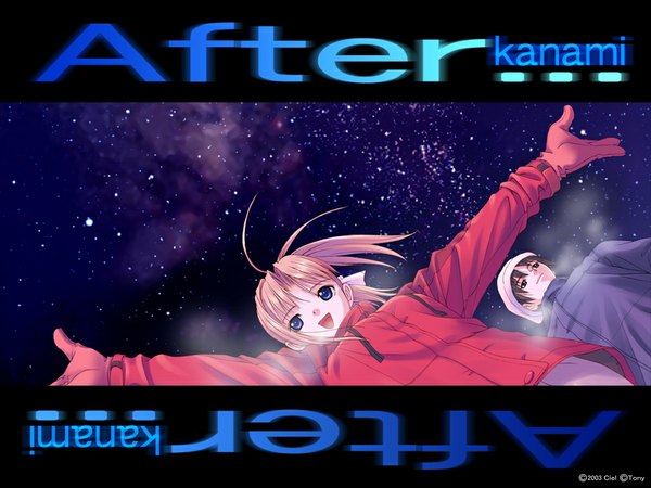 Anime picture 1024x768 with after shiomiya kanami tony taka looking at viewer short hair open mouth blue eyes black hair looking away pink hair :d night night sky copyright name character names spread arms exhalation third-party edit girl boy