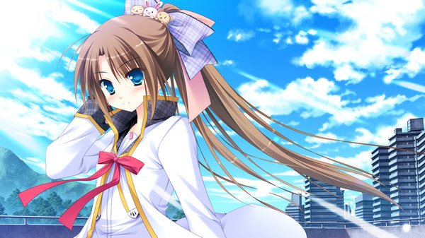 Anime picture 1280x720 with diamic days lump of sugar himenogawa kanaka sesena yau single long hair blue eyes brown hair wide image game cg ponytail girl serafuku