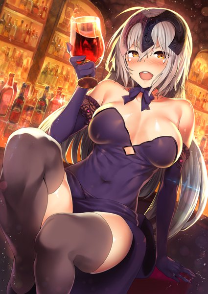 Anime picture 1351x1907 with fate (series) fate/grand order jeanne d'arc (fate) (all) jeanne d'arc alter (fate) kawai (purplrpouni) single tall image looking at viewer blush fringe short hair breasts open mouth light erotic hair between eyes large breasts sitting bare shoulders yellow eyes cleavage