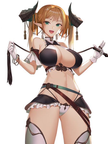 Anime-Bild 4500x6000 mit original btraphen single long hair tall image looking at viewer blush fringe highres breasts open mouth light erotic simple background blonde hair smile large breasts standing white background holding green eyes