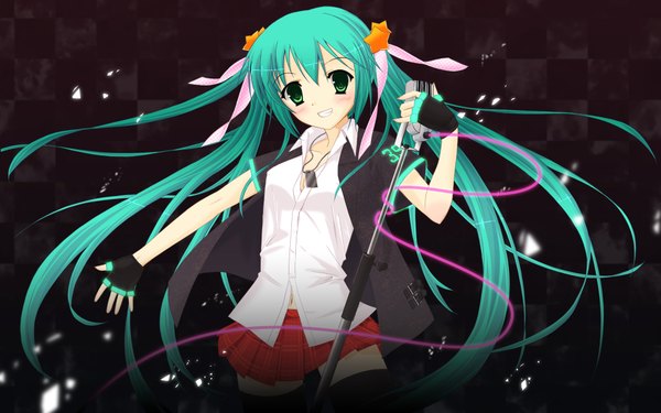 Anime picture 1920x1200 with vocaloid hatsune miku single long hair blush highres wide image twintails green eyes green hair girl skirt ribbon (ribbons) hair ribbon shirt fingerless gloves pendant microphone stand