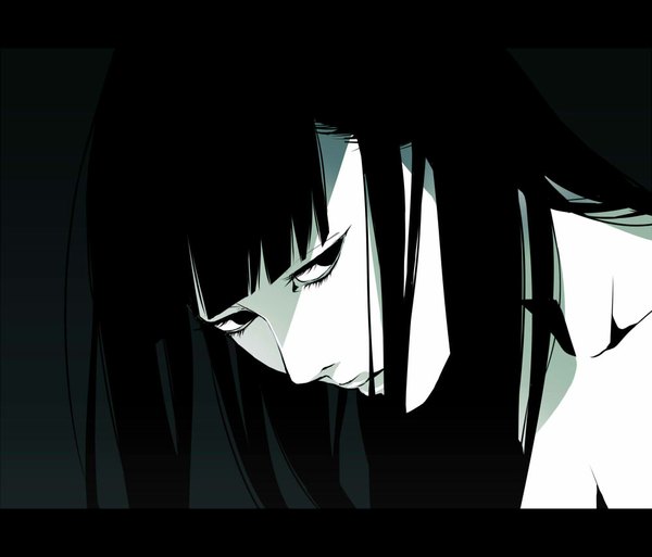 Anime picture 1000x855 with original hiakko single long hair looking at viewer fringe black hair lips black eyes monochrome dark background letterboxed white skin girl