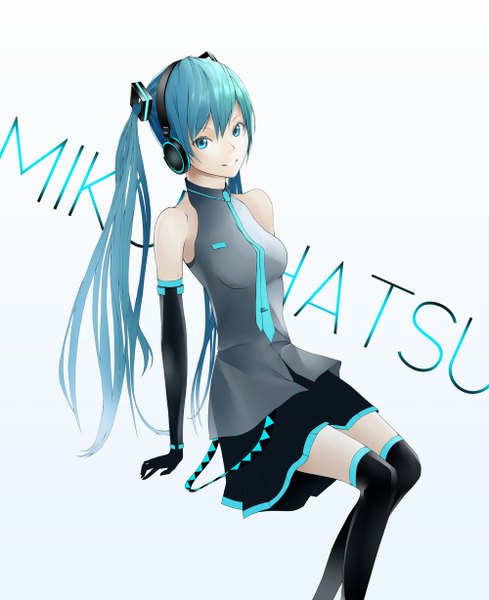 Anime picture 1000x1228 with vocaloid hatsune miku oki (koi0koi) single tall image white background twintails bare shoulders very long hair aqua eyes aqua hair girl thighhighs skirt gloves black thighhighs elbow gloves headphones