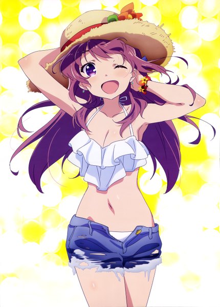 Anime picture 4099x5719 with girlish number nyantype karasuma chitose (giarlish number) long hair tall image blush highres open mouth light erotic purple eyes absurdres purple hair one eye closed wink official art midriff girl navel hat shorts