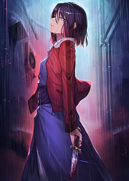 Anime picture 648x906 with fate (series) fate/grand order kara no kyoukai type-moon ryougi shiki ibuki notsu single tall image looking at viewer fringe short hair black hair hair between eyes standing holding outdoors traditional clothes japanese clothes open jacket grey eyes