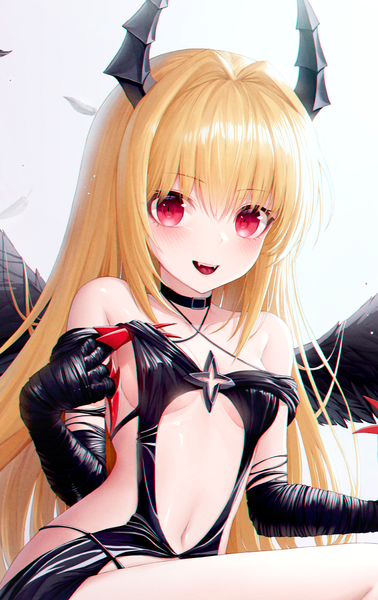 Anime picture 2051x3254 with toloveru toloveru darkness xebec konjiki no yami yjs0803123 single long hair tall image looking at viewer blush fringe highres breasts open mouth light erotic simple background blonde hair smile hair between eyes red eyes