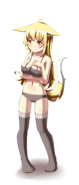 Anime picture 1725x4000 with original hinbackc single long hair tall image blush fringe highres breasts light erotic simple background blonde hair standing white background bare shoulders animal ears looking away full body tail animal tail