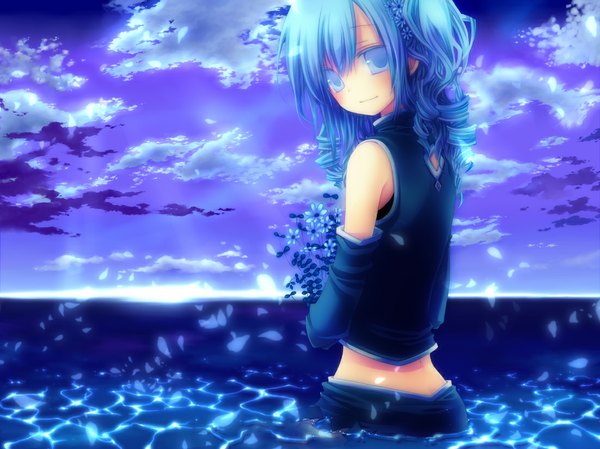 Anime picture 1102x826 with original konno kengo single long hair looking at viewer blush blue eyes smile blue hair sky cloud (clouds) looking back hair flower night sky drill hair girl hair ornament flower (flowers) detached sleeves petals