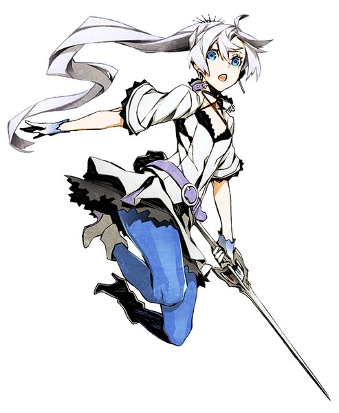 Anime picture 666x810 with rwby rooster teeth weiss schnee miwa shirow single tall image looking at viewer fringe open mouth blue eyes simple background hair between eyes white background full body bent knee (knees) white hair ponytail very long hair girl dress