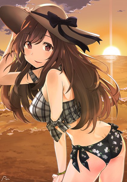 Anime picture 682x974 with idolmaster idolmaster shiny colors tsukioka kogane yanngoto single long hair tall image looking at viewer blush fringe breasts open mouth light erotic smile hair between eyes brown hair large breasts standing brown eyes sky