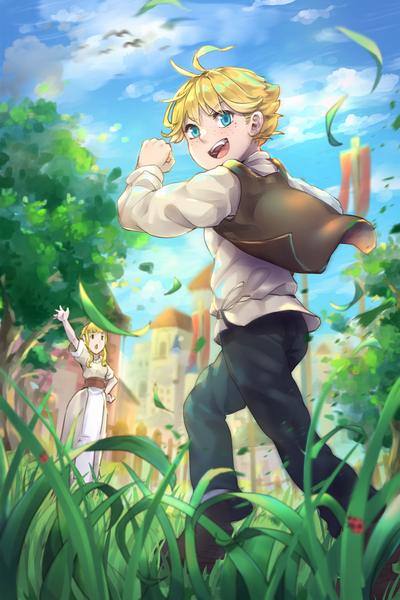 Anime picture 1333x2000 with original mr.lime tall image looking at viewer blush fringe short hair open mouth blue eyes blonde hair standing sky cloud (clouds) full body ahoge outdoors long sleeves :d looking back arm up