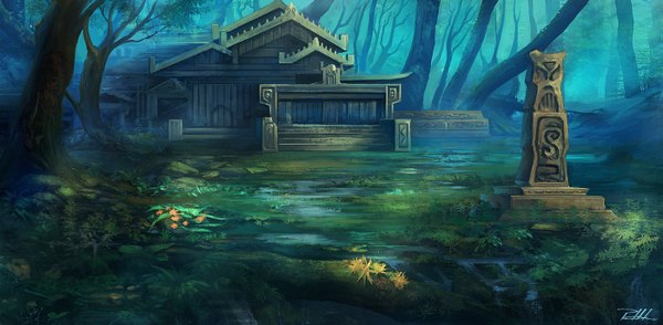 Anime picture 1400x688 with vennom07 wide image signed no people landscape nature plant (plants) tree (trees) water building (buildings) forest house