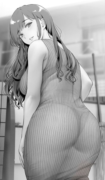Anime picture 821x1400 with original gentsuki single long hair tall image looking at viewer fringe light erotic standing bare shoulders ass parted lips looking back from behind blurry leaning leaning forward sleeveless monochrome girl
