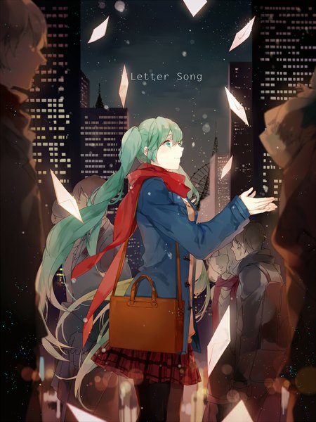 Anime picture 820x1093 with vocaloid hatsune miku moca (p0ckylo) single long hair tall image twintails aqua eyes green hair inscription tears city snowing winter silhouette girl uniform school uniform pantyhose scarf