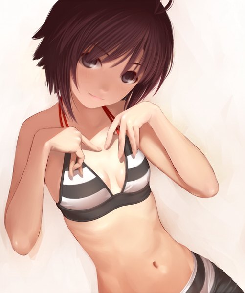 Anime picture 1024x1226 with idolmaster kikuchi makoto nekopuchi single tall image short hair black hair smile black eyes girl swimsuit bikini striped bikini