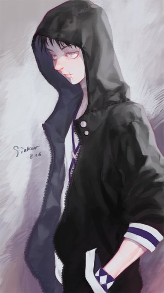 Anime picture 600x1067 with decoration disorder disconnection shaliva single tall image short hair black hair simple background signed inscription grey eyes scar hands in pockets boy hood wristlet zipper