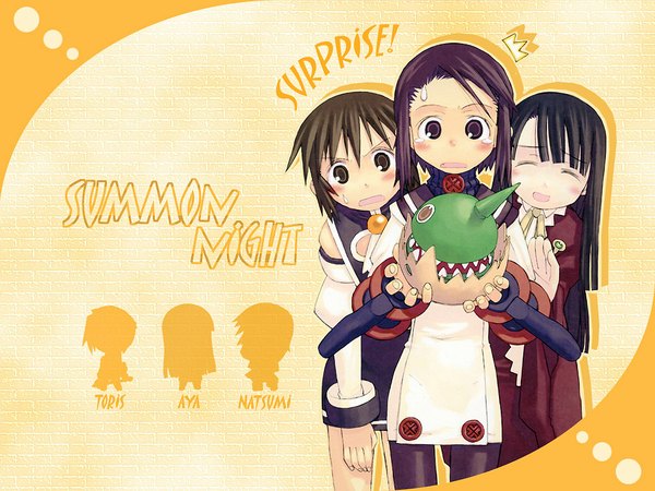 Anime picture 1024x768 with summon night summon night 2 toris (summon night) higuchi aya (summon night) hashimoto natsumi (summon night) long hair blush fringe short hair open mouth black hair smile brown hair multiple girls brown eyes eyes closed surprised girl 3 girls clothes