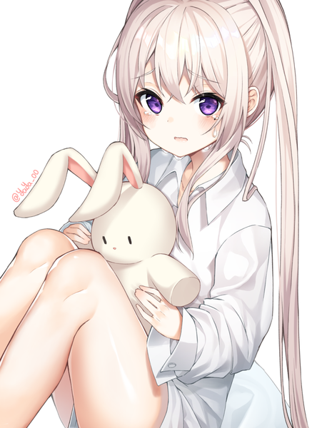 Anime picture 874x1200 with maplestory orchid (maplestory) yaya (yayaa 00) single long hair tall image looking at viewer blush fringe open mouth simple background hair between eyes white background sitting twintails purple eyes holding signed payot silver hair