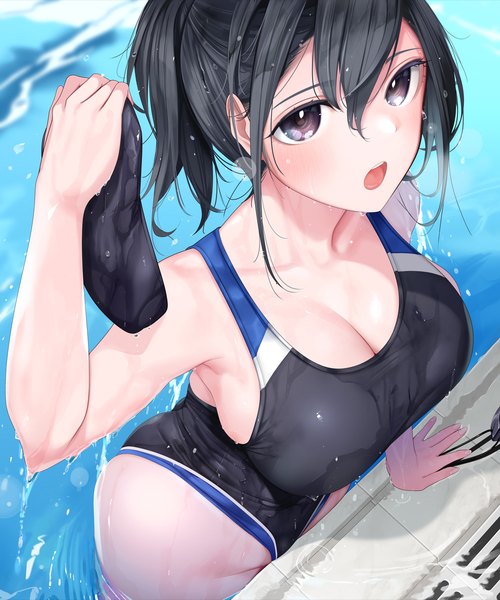 Anime picture 1000x1200 with original giba (out-low) single long hair tall image looking at viewer blush fringe breasts open mouth light erotic black hair hair between eyes large breasts standing cleavage arm up black eyes arm support :o