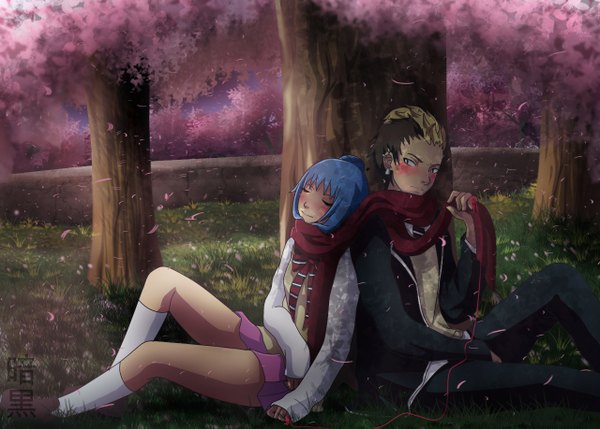 Anime picture 1280x917 with ao no exorcist a-1 pictures suguro ryuuji sakurai mira blush short hair sitting blue hair eyes closed couple back to back shared scarf girl boy skirt uniform plant (plants) school uniform petals tree (trees)